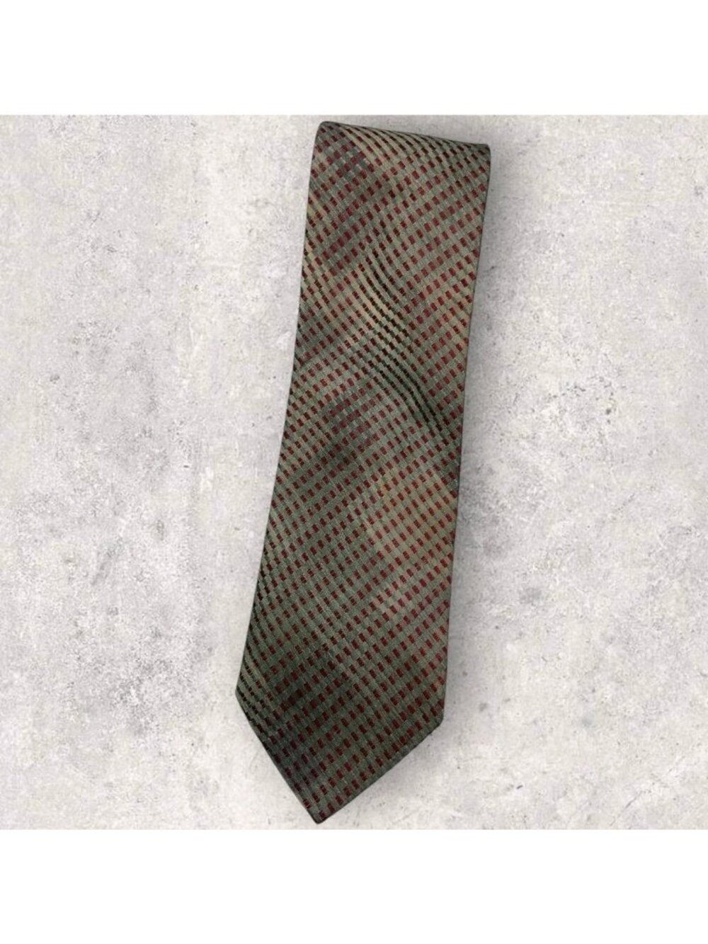 BUGATCHI Silk Tie ITALY XL Burgundy Green Beige Geometric W:3.7" EUC